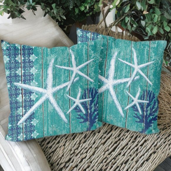 Beach Pillow Covers 2 Soft Cases Set Cottage Decor Coastal Nautical Decoration - Picture 1 of 7